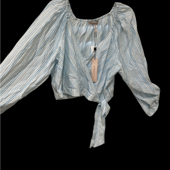 BCBGENERATION Blue and White Striped Tie Side Faux Wrap Crop Top Size M - Picture 2 of 5